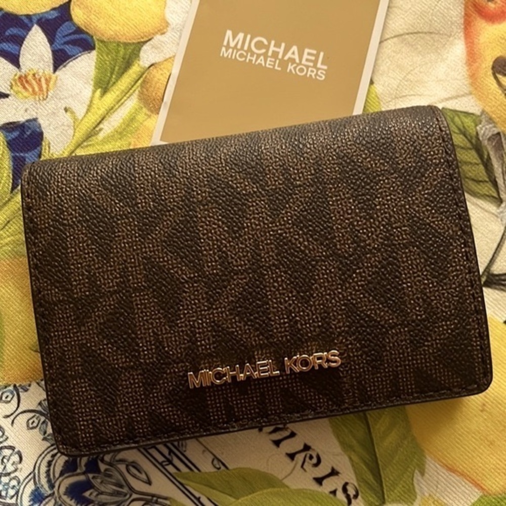 Michael Kors Brown Logo-Print Compact Wallet with Gold Logo